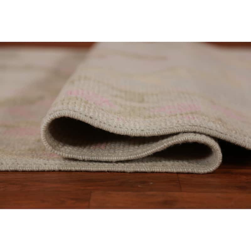Hand Knotted Oriental 100% Wool Carpet Transitional Geometric Greys & Charcoal Oushak Runner Rug - 12' 11'' X 3' 5''