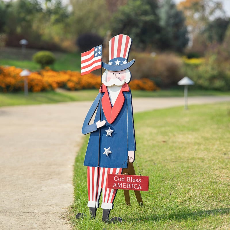 Glitzhome 36"H Wooden Patriotic Uncle Sam Yard Stake Wall Decor Porch Sign