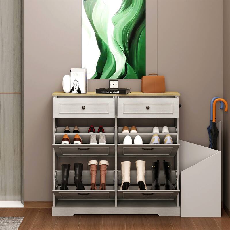 39.37 in. H x 41.3 in. W Antique White Shoe Cabinet with 2 Drawers and 4 Flip Drawers