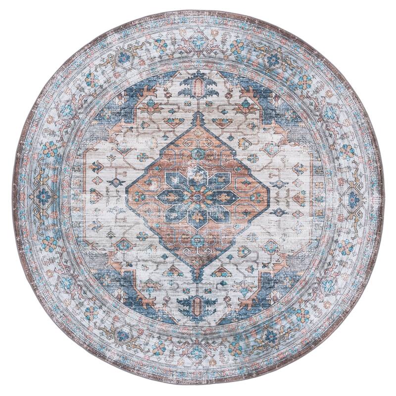 SAFAVIEH Arizona Teklia Machine Washable & Slip Resistant Rug - Light Brown/Blue - 6' Round