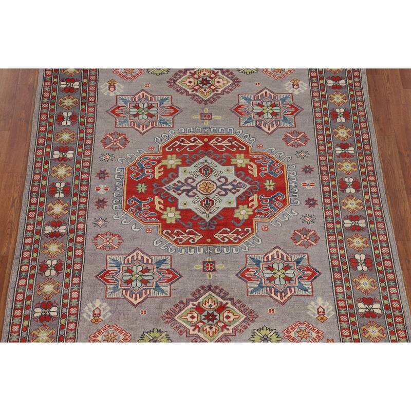 Gray Geometric Kazak Area Rug Living Room Handmade Wool Carpet - 5'7" x 7'3"