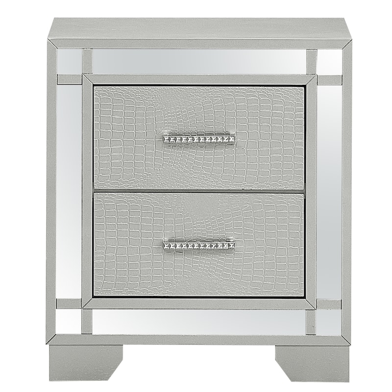 Modern 23-in Silver Champagne Textured Croc 2-Drawer Nightstand with Mirror Accents