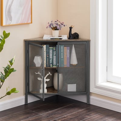 Javlergo Corner Table Modern Triangle 3-tier Storage Shelf with 2 Doors for Living Room Bedroom Office