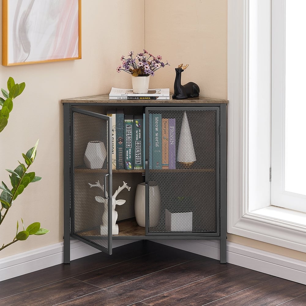 VECELO Modern Triangle Corner Bookcase Corner Bookshelf with Storage Cabinets Corner Cabinet