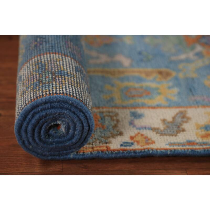 Light Blue & Ivory Oushak Indian Foyer Rug Hand-Knotted Wool Carpet - 2'6"x 6'1"