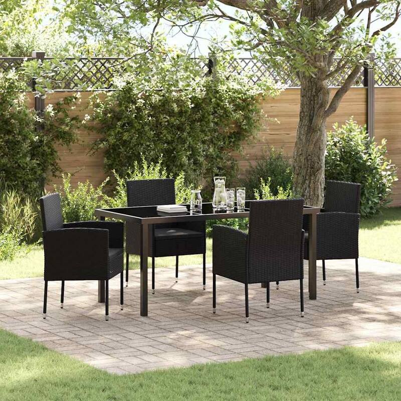 vidaXL Garden Dining Set with Cushion Black Poly Rattan - Black-20.47x22.05x34.65 in.
