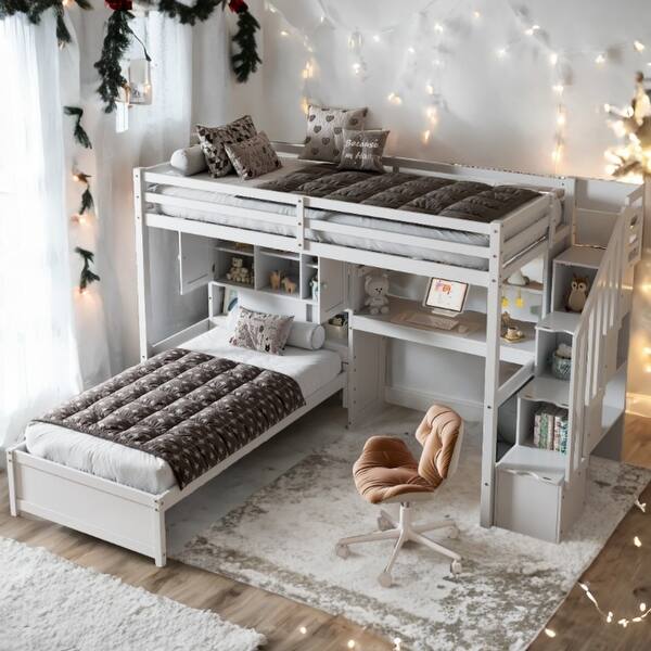 slide 2 of 26, Pinewood Twin over Twin Loft Bed with Built-in Desk and Staircase White