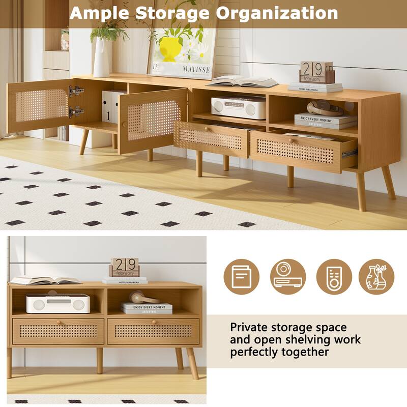 78.74" TV Stand with Rattan Accents for 85" TVs, 2 Drawers + 2 Cabinets