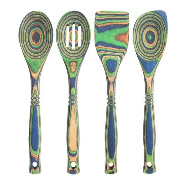 Island Bamboo 12" Peacock Pakkawood Spoon & Spatula 4pc Utensil Set