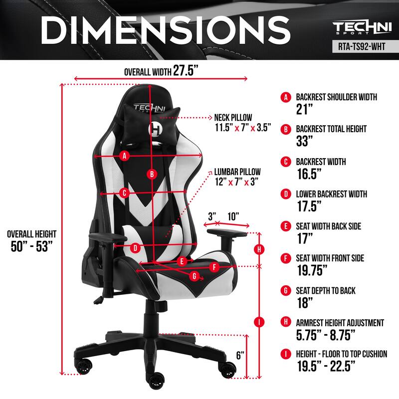 White Sport Office-PC Gaming Chair with 150° Recline, Adjustable Height & 2D Armrests, PU Leather, 250 lbs Capacity