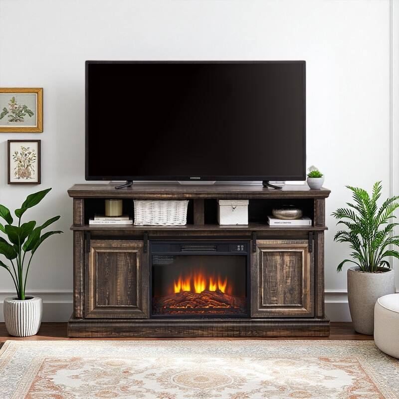 58-60" Fireplace TV Stand for 55-65" TVs w/ 18-23" Insert Farmhouse/Modern/Rustic Barn/Glass Doors Espresso/Grey/Brown/White Oak - 58.11inch - Antique brown