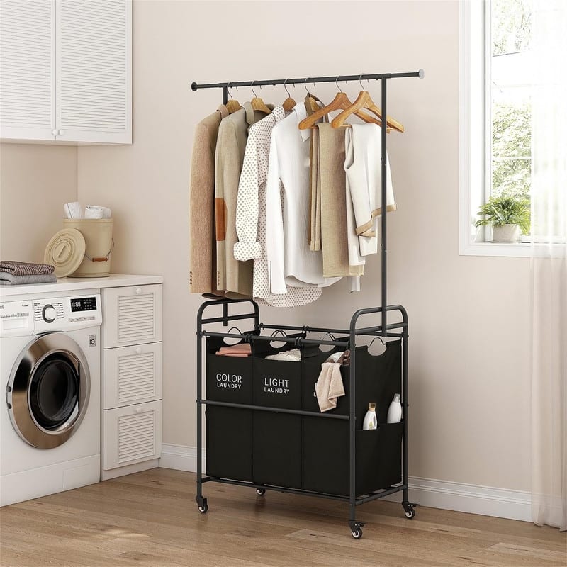 Laundry Sorter Cart with Hanging Clothes Rack - 28.59"L x 15.55"W x 66.54"H
