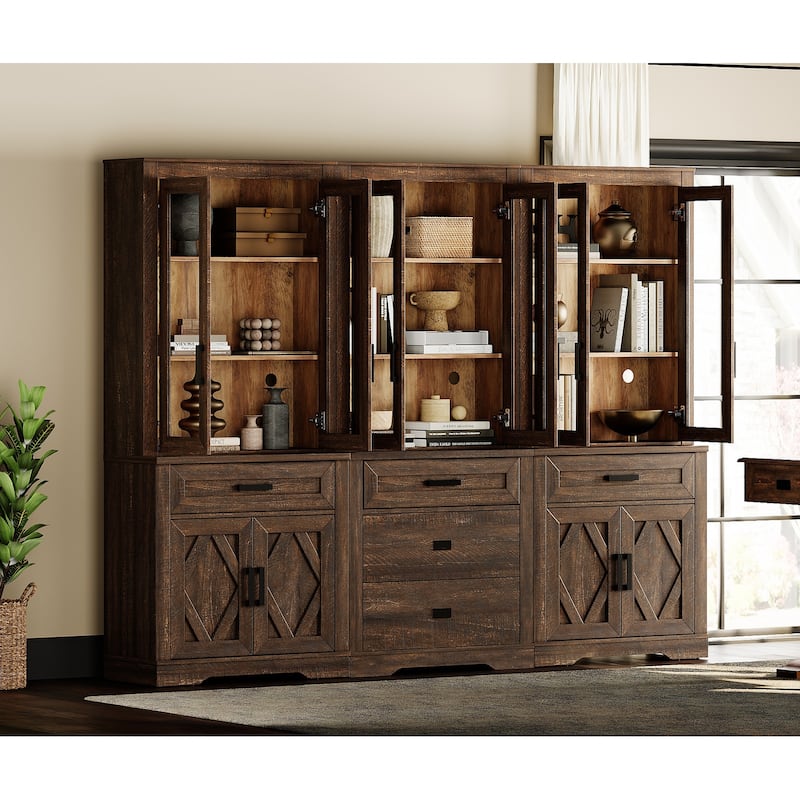 3-Column 73.3" Tall Bookshelf Set with Open Storage and Glass Doors