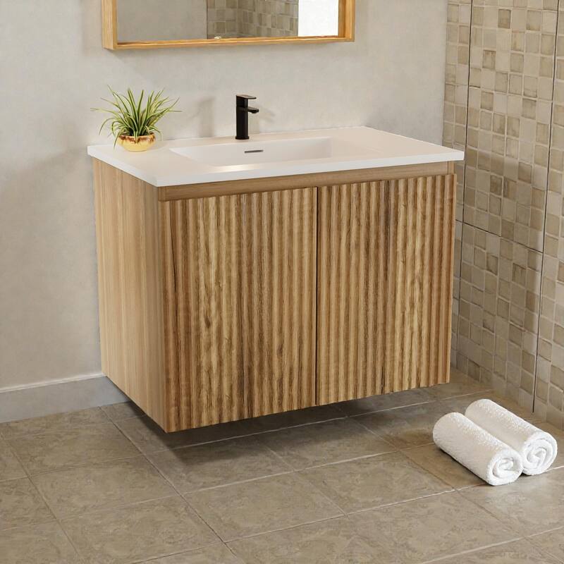 30 Inch Folding Wall Cabinet with Ceramic Sink, Patented 1-Minute Install, Space-Saving Modern Bathroom Cabinet - Golden Oak