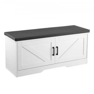 White Entryway Shoe Bench with Black Seat Cushion and 4 Compartment Adjustable Storage for 36 Pairs - 39.4" x 14" x 18.1"