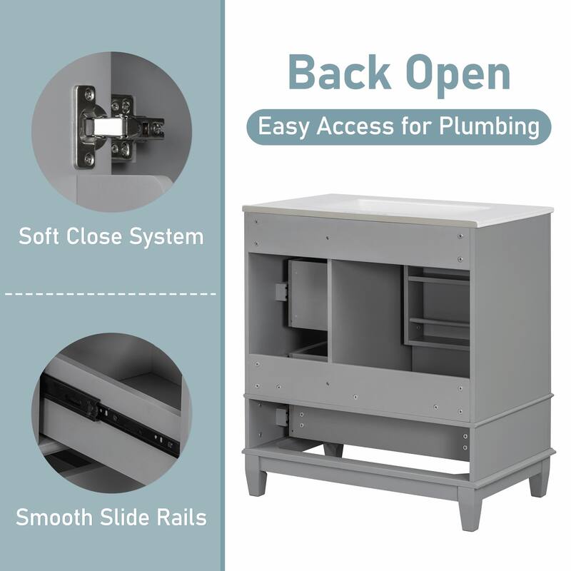 30" Bathroom Vanity with Sink, Soft-Close Door, One Door with Shelf & Three Drawers
