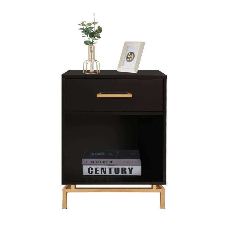Anmytek Modern 1-Drawer Black Nightstand Wood Bedside Table End Table with Open Shelf for Bedroom