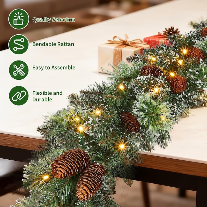 9 Feet Pre-Lit Christmas Garland with Lights 30 LED Battery Operated Christmas Lights with Pine Cones Berry Eucalyptus Leaves