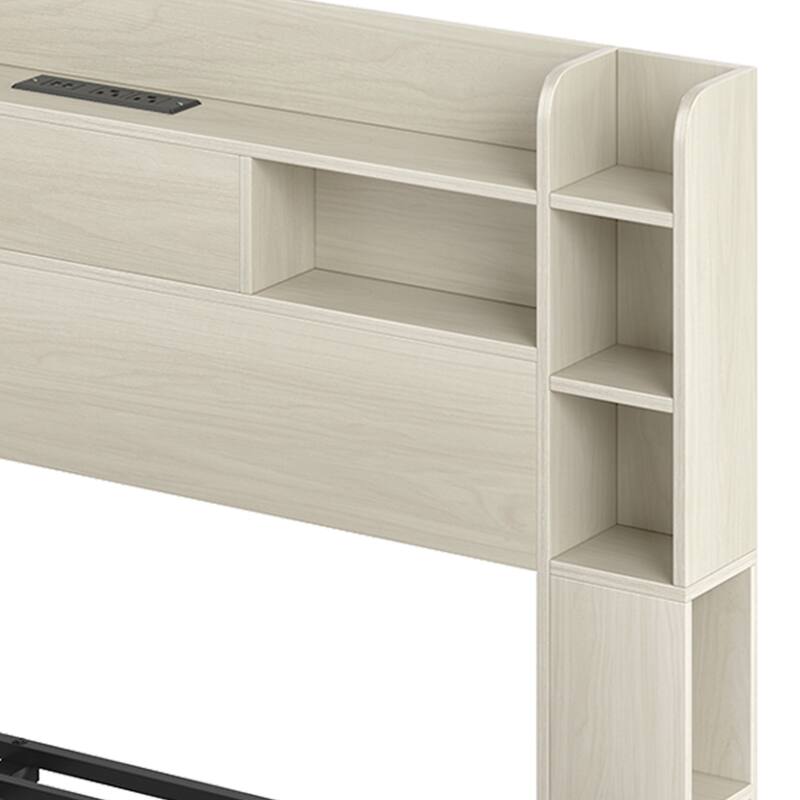 Queen/King Size LED Bed Frame with Bookcase Headboard, 4 Storage Drawers and Charging Station