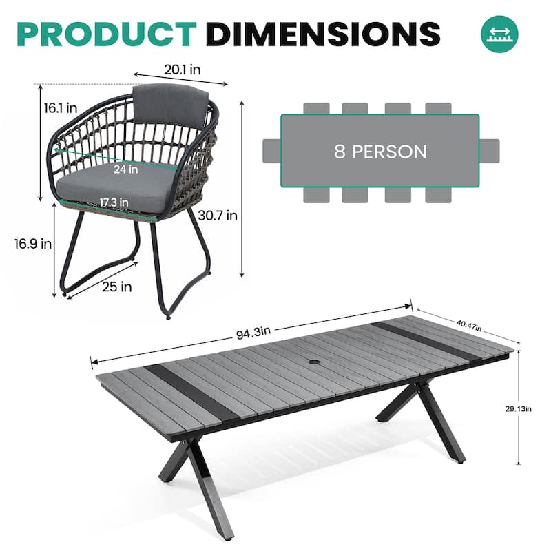 9PC Outdoor Patio Aluminum X-Frame Dining Set Table with Rattan Chairs Umbrella Hole