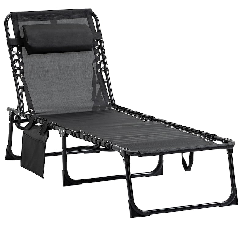 Reclining Chaise Lounge Chair, Portable Sun Lounger, Folding Camping Cot - Black