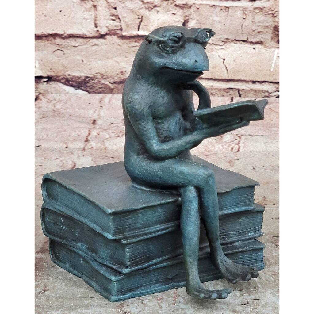 Bronze Frog Sculpture – Reading Frog With Gles Statue On Books