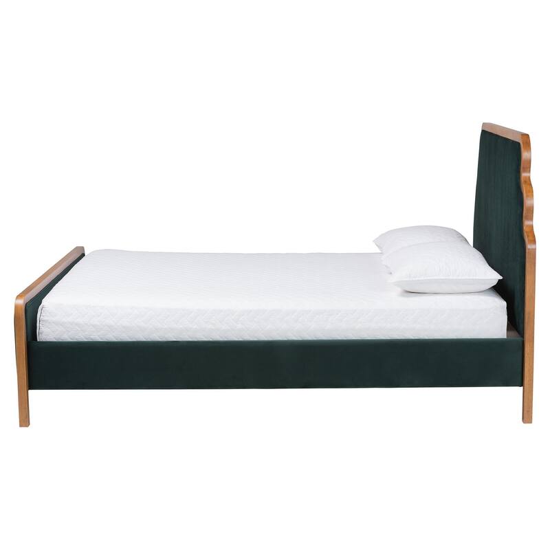 Gerianne Velvet Upholstered Platform Bed - Classic European Bed Frame with Scalloped Headboard and Wood Trim