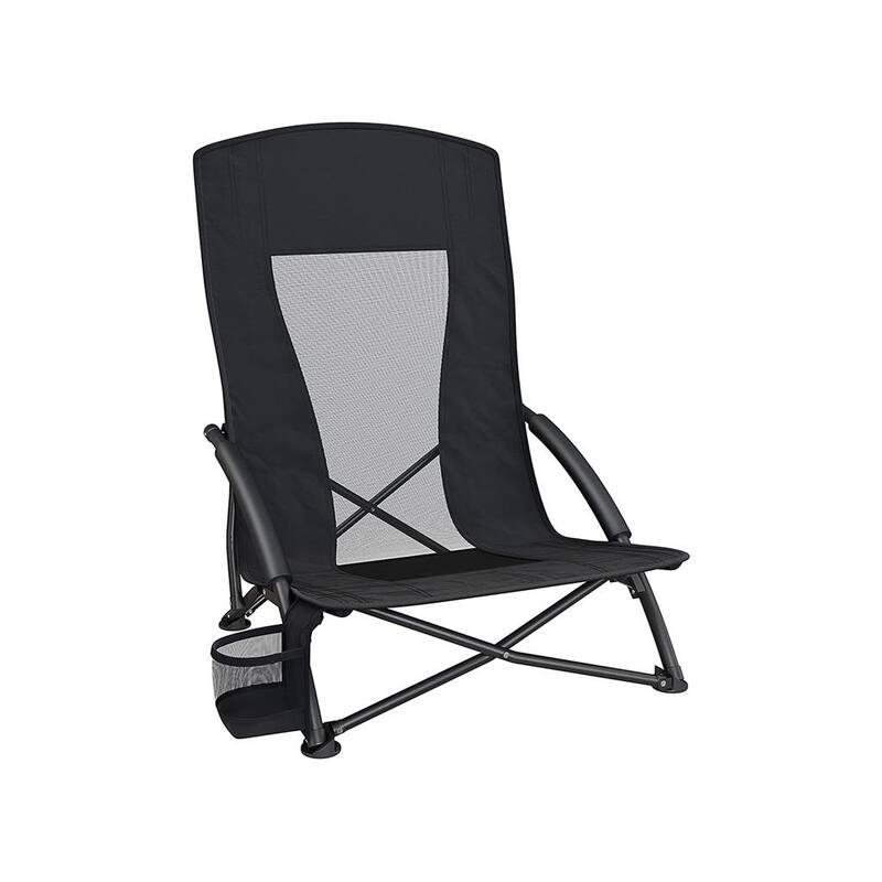 Portable Beach Chair, with High Backrest, Cup Holder, Foldable, Lightweight, Comfortable, Heavy Duty, Outdoor Chair - Black