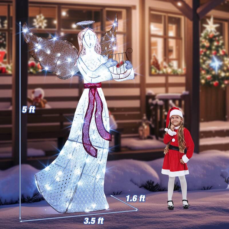 Costway 5 FT Lighted Angel with Harp LED Lights Halo Zip Ties & Ground - See Details