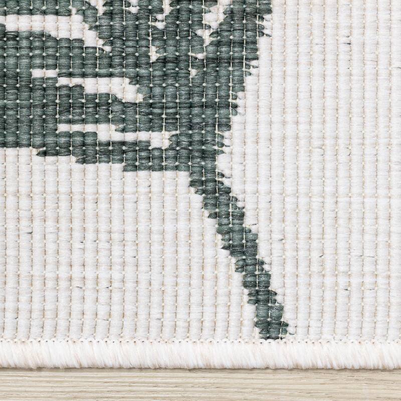 Green Cream Reversible Leaves Indoor/Outdoor Area Rug