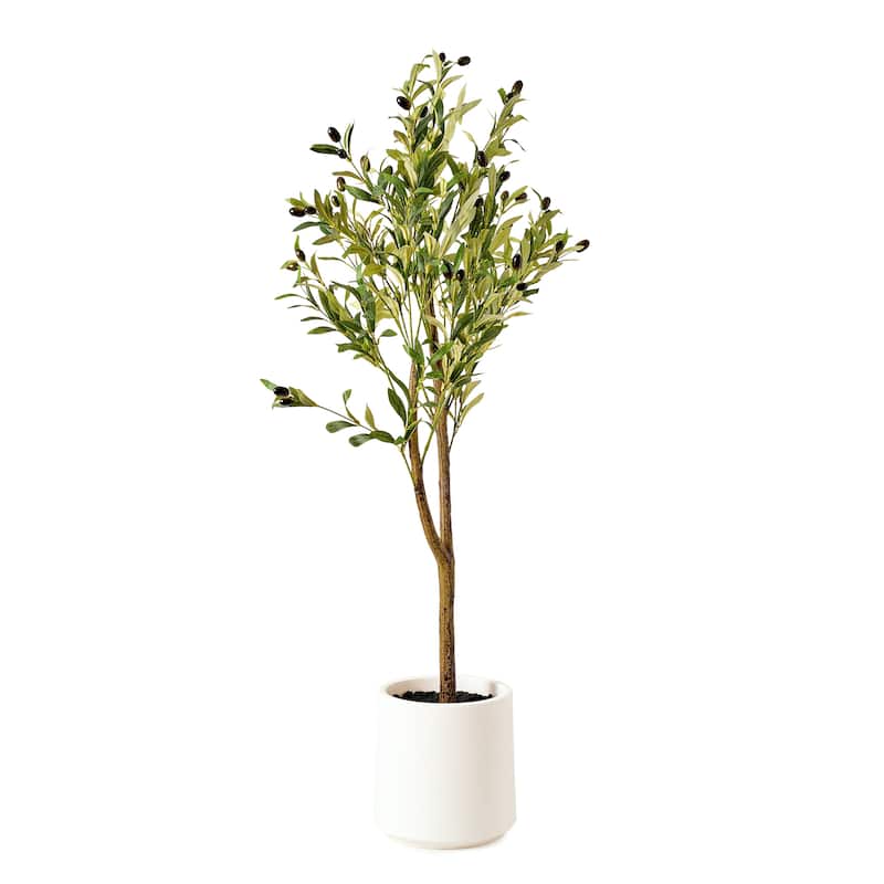 American Art Decor Artificial Faux Tree in White Tapered Ceramic Pot - 48" - Olive Tree (Matte White Pot)