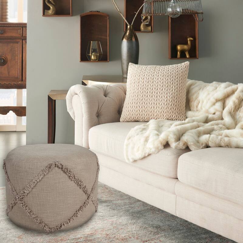 18" Brown Solid Texture Diamond Round Pouf Ottoman