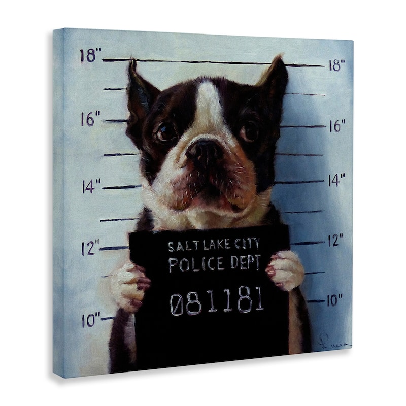 Stupell Funny Boston Terrier Dog Jail Convicted Police Canvas Wall Art - Blue