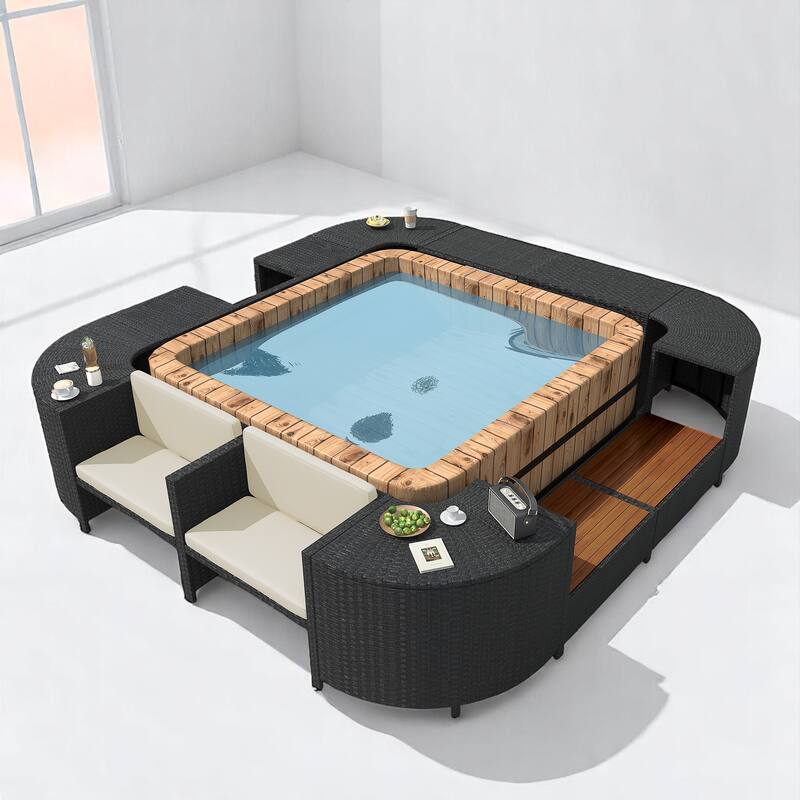 Outdoor Hot Tub Surround Spa Furniture Set with Storage Cabinet, Cushioned Seats - Beige Patio Lounge Set - Beige