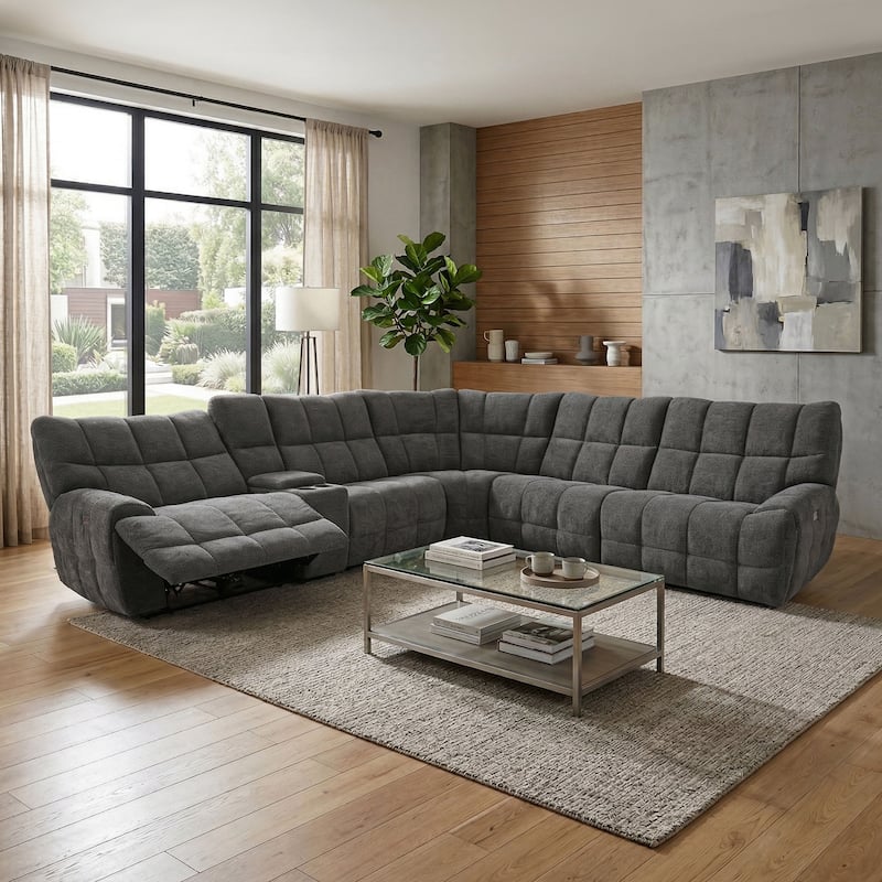 Furniture of America Aurei Modern Reclining Sectional with Console and USB Ports - Dark Grey