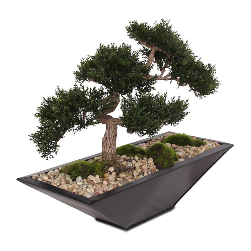Artificial Cedar Bonsai, Moss, Natural Pebbles in Black Metal Zinc Pot - 22.5W x 13D x 17H