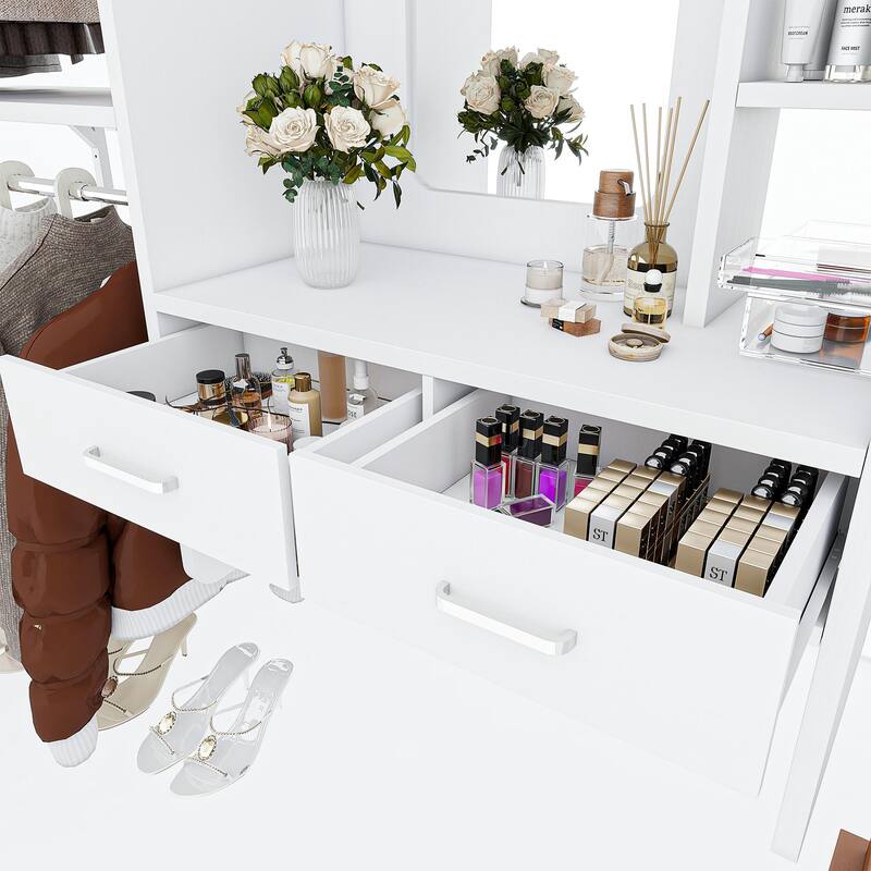 Cimly Wall-mounted Closet System with 32'' Makeup Vanity Desk, Space-saving Organizer with Hanging Rods and Mirror