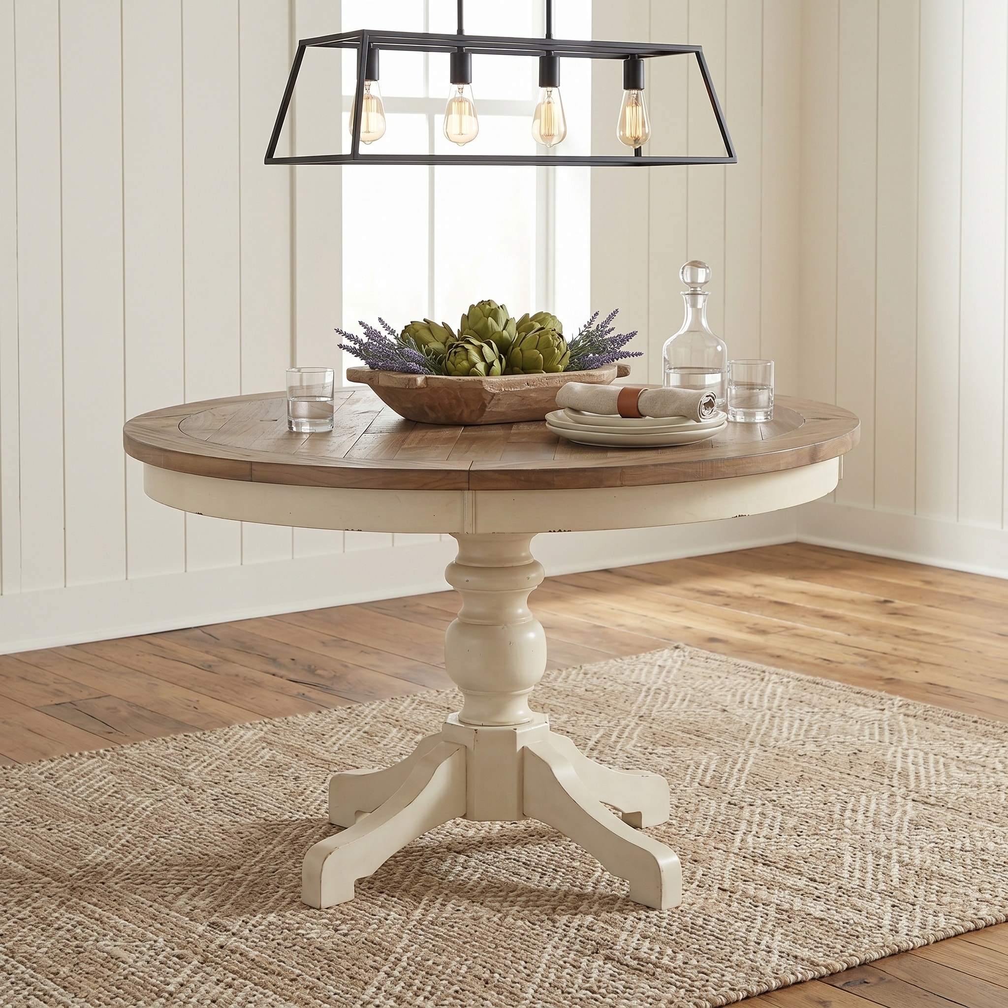 Roundhill Furniture Prato Round Antique White and Distressed Oak Two-tone Finish Wood Dining Table