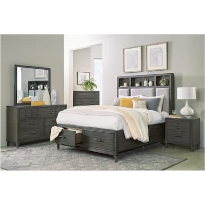 Rosaleen 6 Piece Gray Modern Upholstered Storage Bookcase Platform Bedroom Set