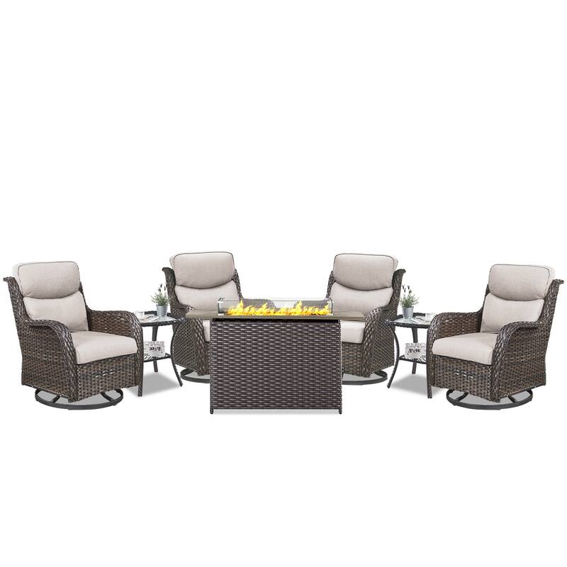 7 Pieces Outdoor Swivel Chairs Fire Pit Table with 5-Inch Thick Cushions