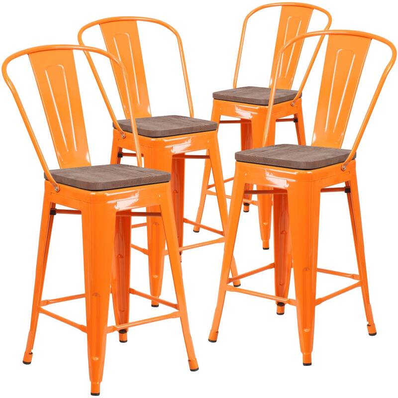 4 Pack 24" High Metal Counter Height Stool with Back and Wood Seat - 17.75"W x 20"D x 39.25"H