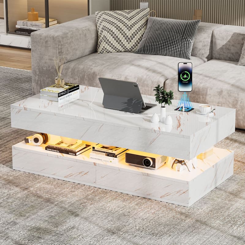 Smart LED Coffee Table 47.2" with Bluetooth Speaker & Wireless Charging, Modern White Marble Center Table