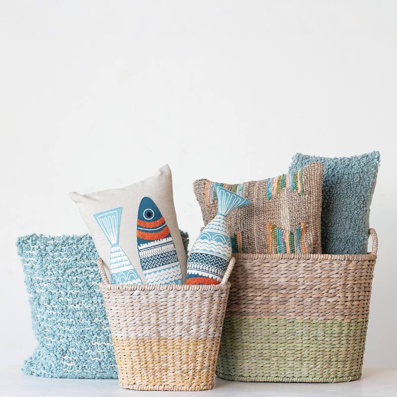 Various Woven Water Hyacinth and Rattan Dip Dyed Baskets, Set of 5 - 22.0"L x 16.0"W x 18.5"H
