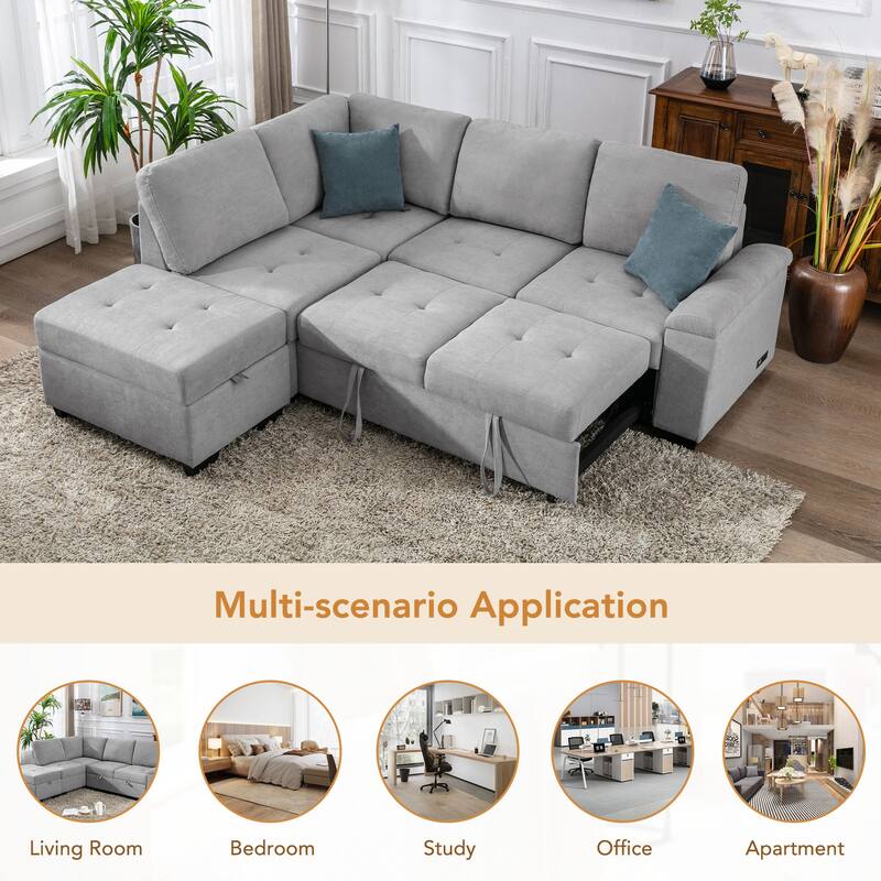 84.75'' L-Shaped 5-Seater Sleeper Sectional Sofa with Storage Ottoman, Hidden Arm Storage, and USB Charging Ports