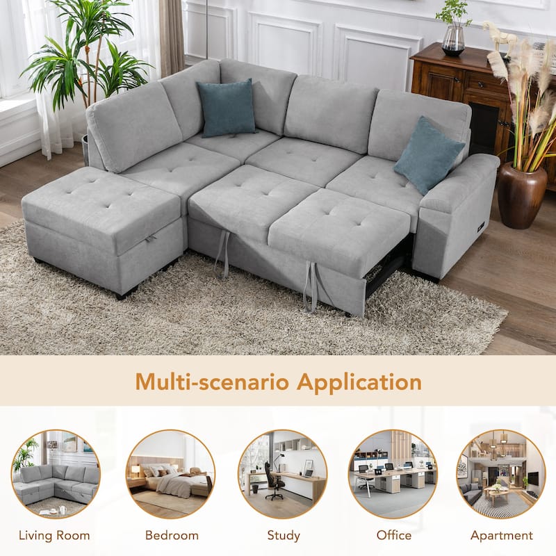 Roomfitters Sleeper Sectional Sofa, L-Shape Corner Couch Sofa Bed with Storage Ottoman, Hidden Arm Storage, and USB Charging