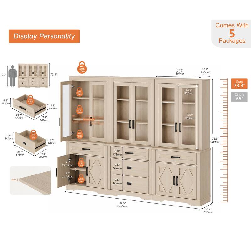 3-Column 73.3" Tall Bookshelf Set with Open Storage and Glass Doors