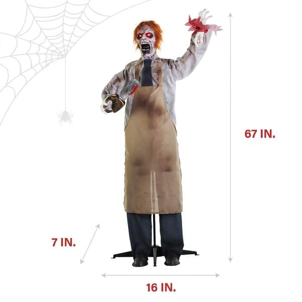 dimension image slide 1 of 2, Haunted Hill Farm 5.6-Ft. Animatronic Zombie Carver with Movement, Sound, and Light-Up Eyes for Scary Halloween Decoration
