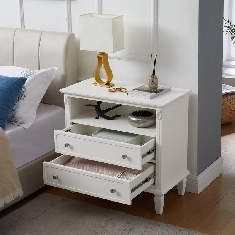 Farmhouse 2-Drawer Dresser Nightstand with Charging Station, USB Ports, Open Shelf & Solid Wood Legs