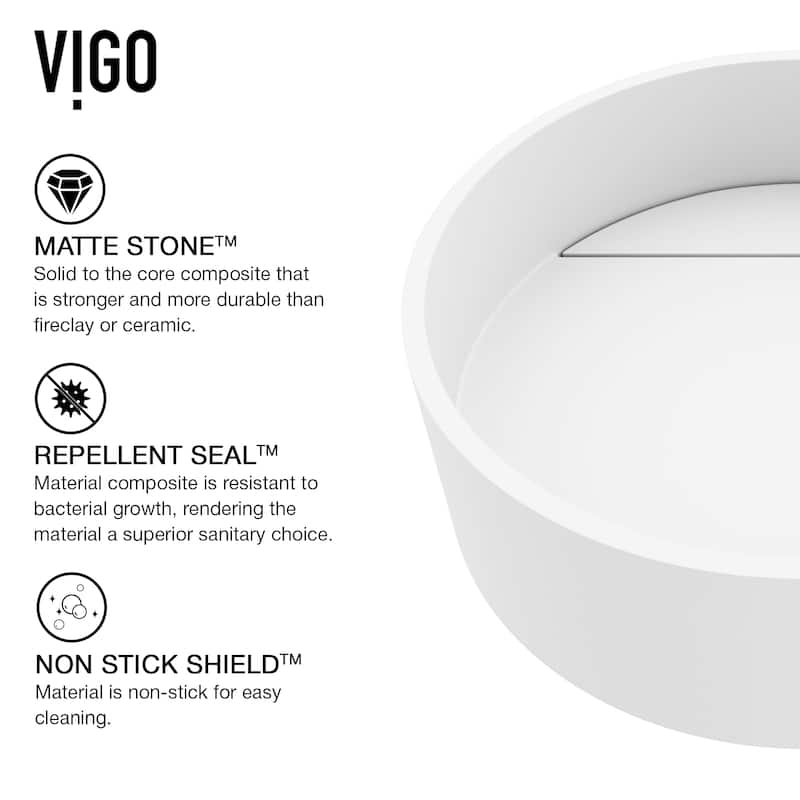 VIGO Montauk 15"L x 15"W x 5"H Matte Stone Round Bathroom Vessel Sink