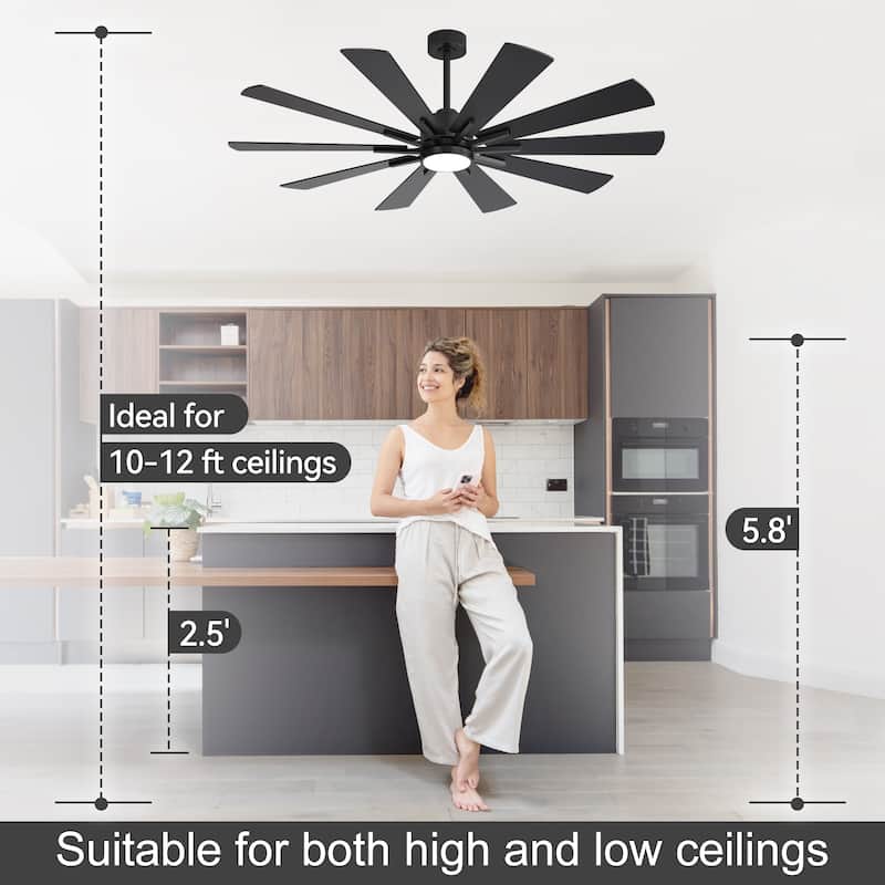 62"/72" Reversible 10-Blade Large LED Ceiling Fan with Light and Remote